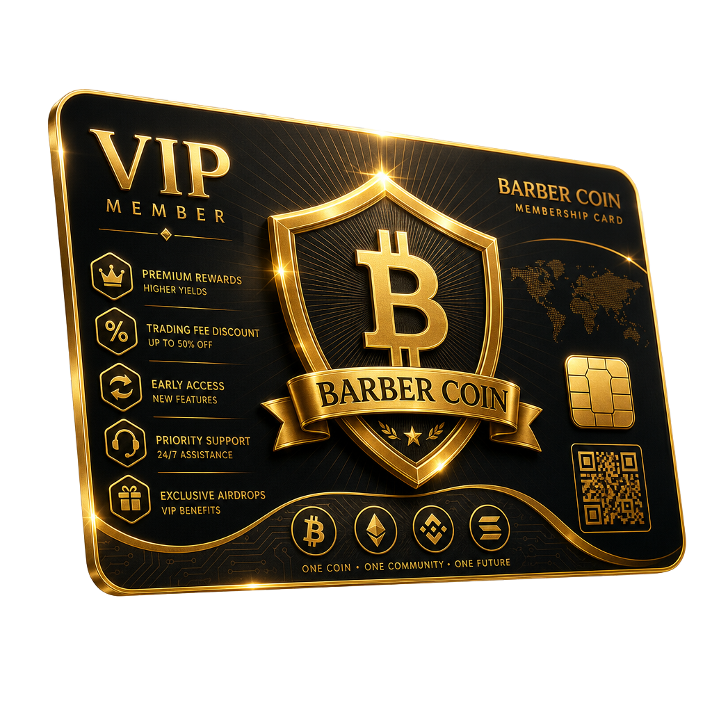 Ilustración 3D de una tarjeta VIP dorada de beneficios exclusivos del ecosistema Barber Coin